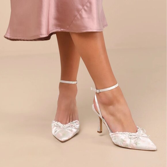 Issoria Gold Mix Floral Satin Bow Ankle Strap Pumps - Picture 1 of 4